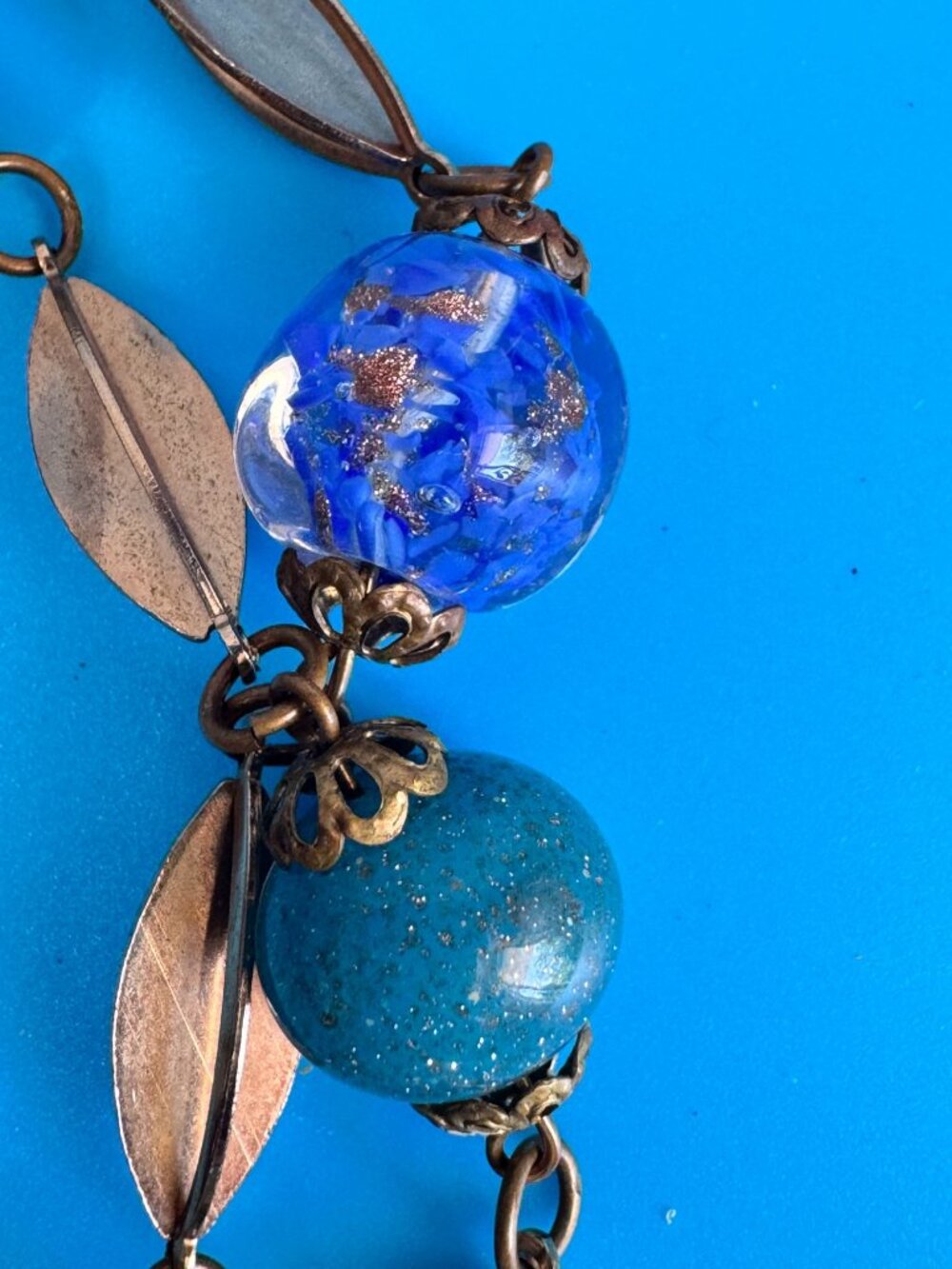 Vintage Venetian Murano Wedding Cake Glass Bead Necklace Blue Aventurine 17" - Picture 6 of 16